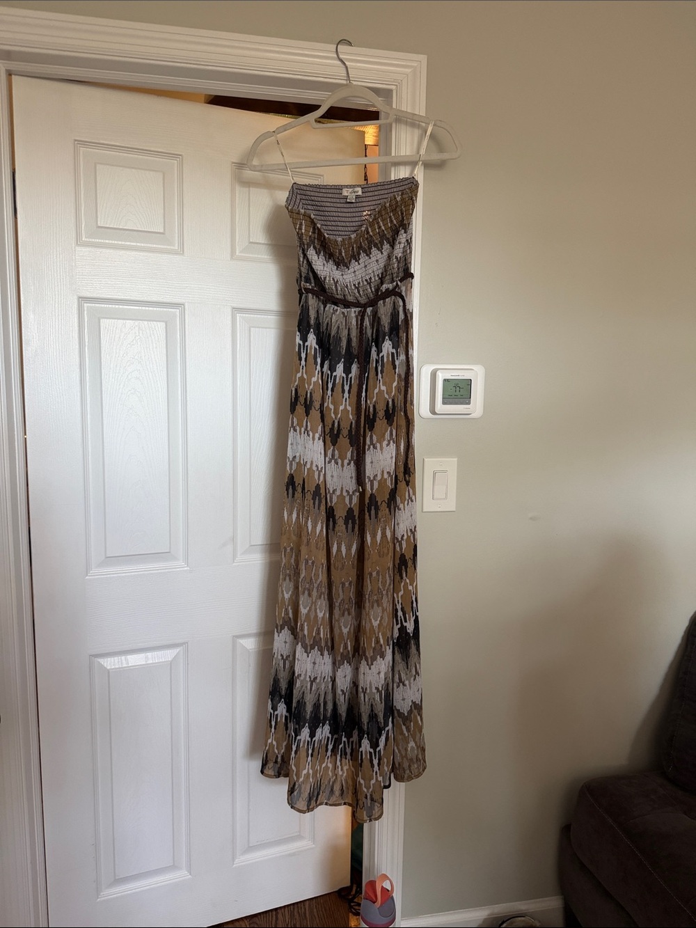 Guess Strapless Chevron Maxi Dress in Brown, Black, and White